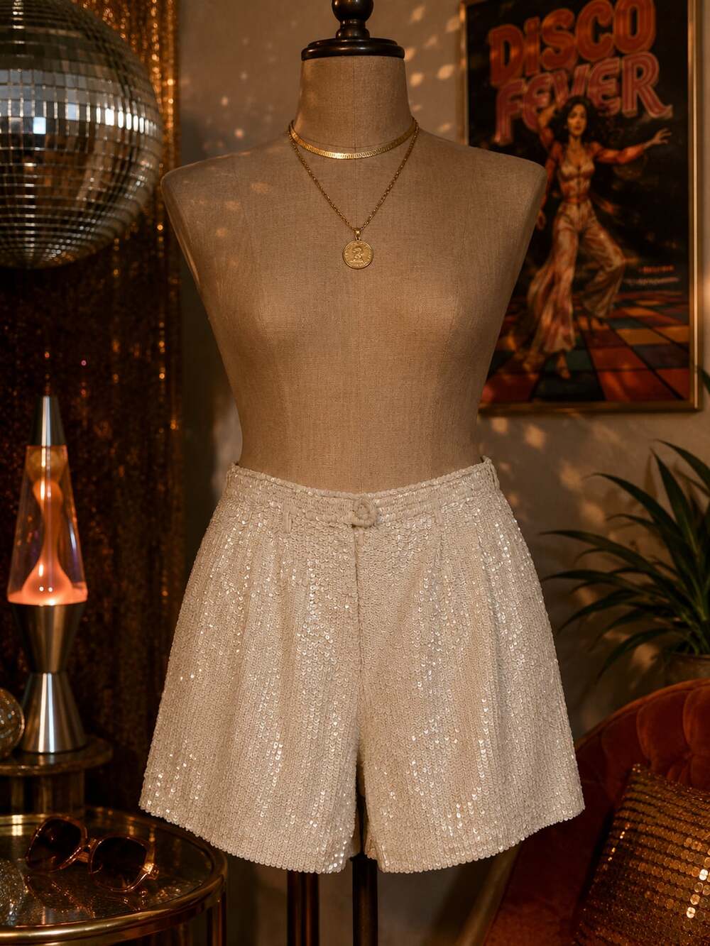 Modi 70s-80s Vintage White Sequin High Waist Tailored Shorts